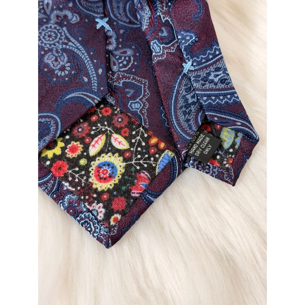 Bocara Mens Silk Necktie Burgundy Blue Paisley Hand Made Classic Tie 58in
